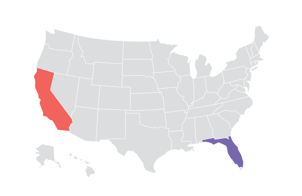 Map of United States highlighting California and Florida